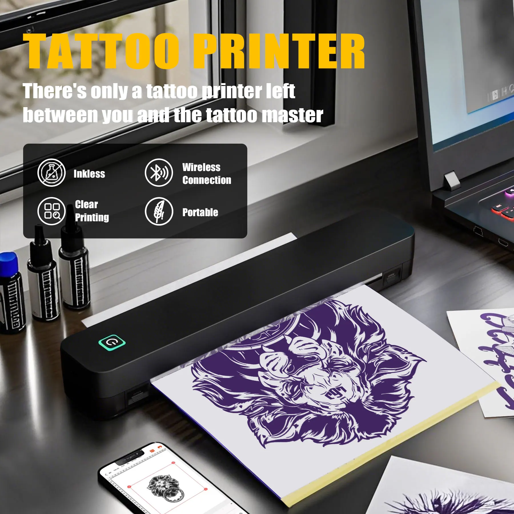 Wireless Portable 8-Inch Thermal Tattoo Printer Includes Transfer Sheets - for Smartphones, PCs, Home, Travel, Office & Creative
