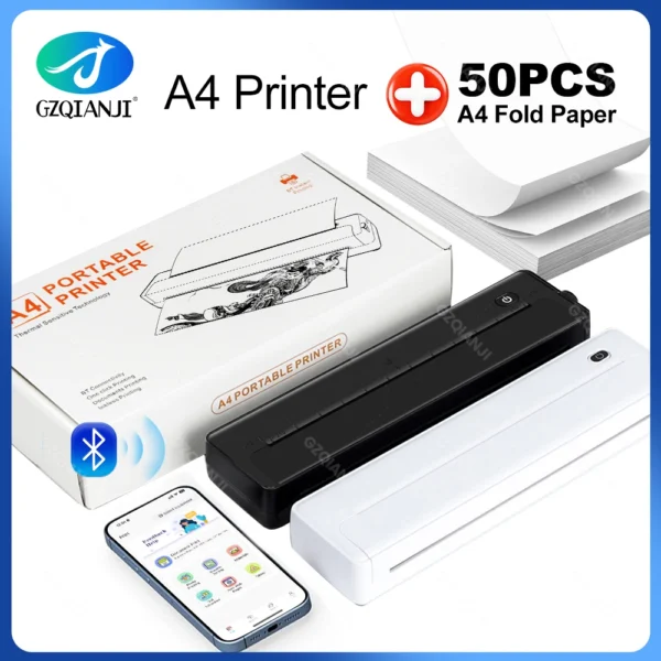 A4 Wireless Bluetooth PDF Printer Mini Portable Thermal Mobile Maker For Home Office PDF Photo Print with 50pcs Thermal Paper