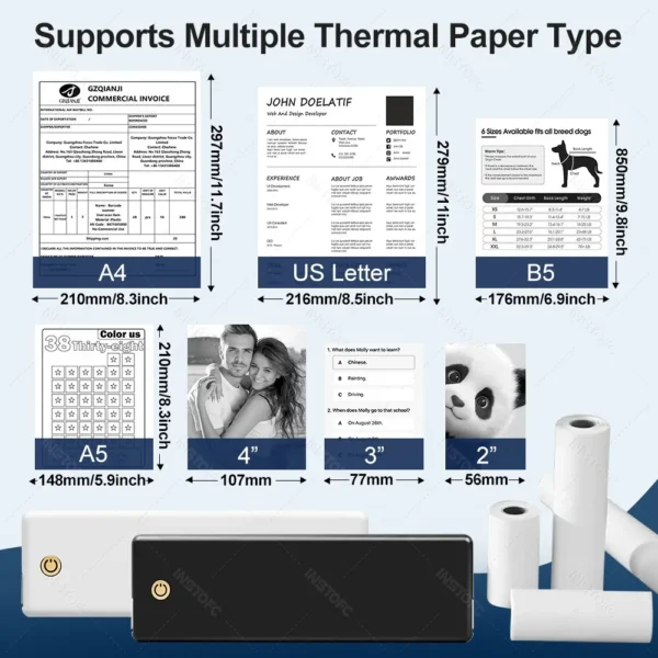 Inkless A4 Portable Thermal Printer Supports 210mm/216mm A5 B5 Thermal Paper BT Wireless Mobile Printers for Travel Car & Office - Image 3